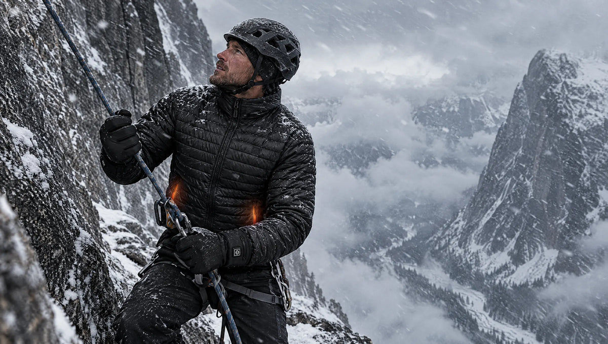Climber in a heated jacket looking up a snowy rock face