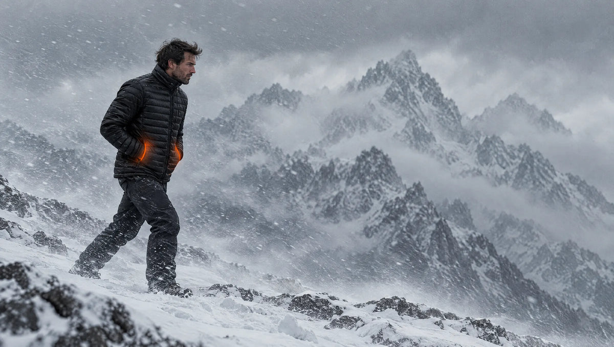 Man walking across a snowy ridge in a heated jacket