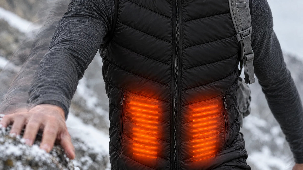Climber's hand on frosted granite, heated vest glowing at the two lower front panels