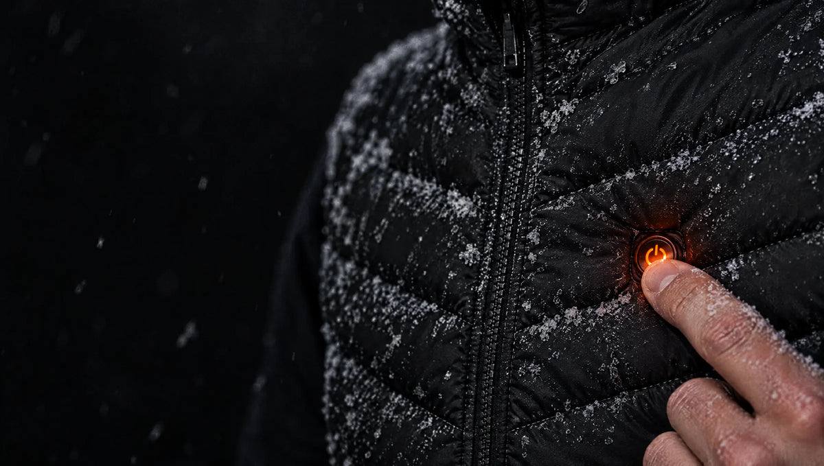 Finger pressing the glowing power button on a frosted heated vest