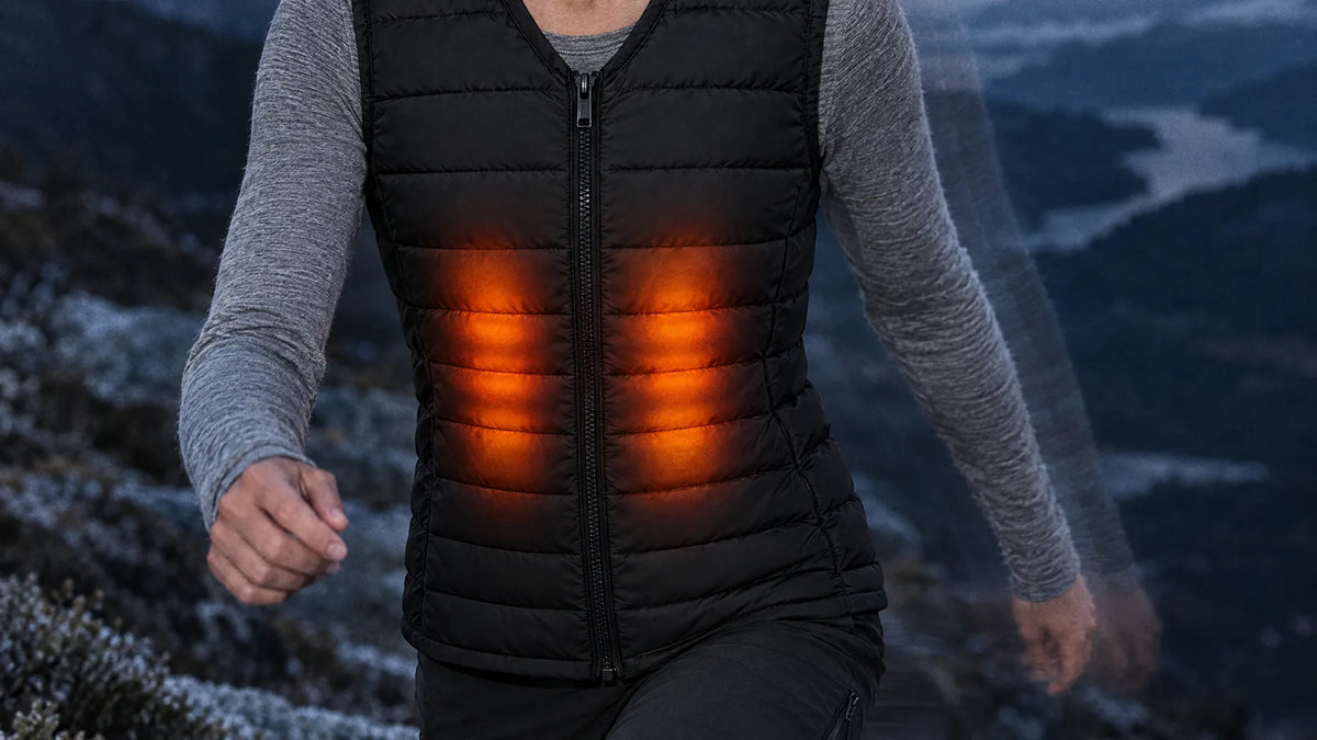 Hiker on a frosted ridge in a women's heated vest with both front core panels glowing