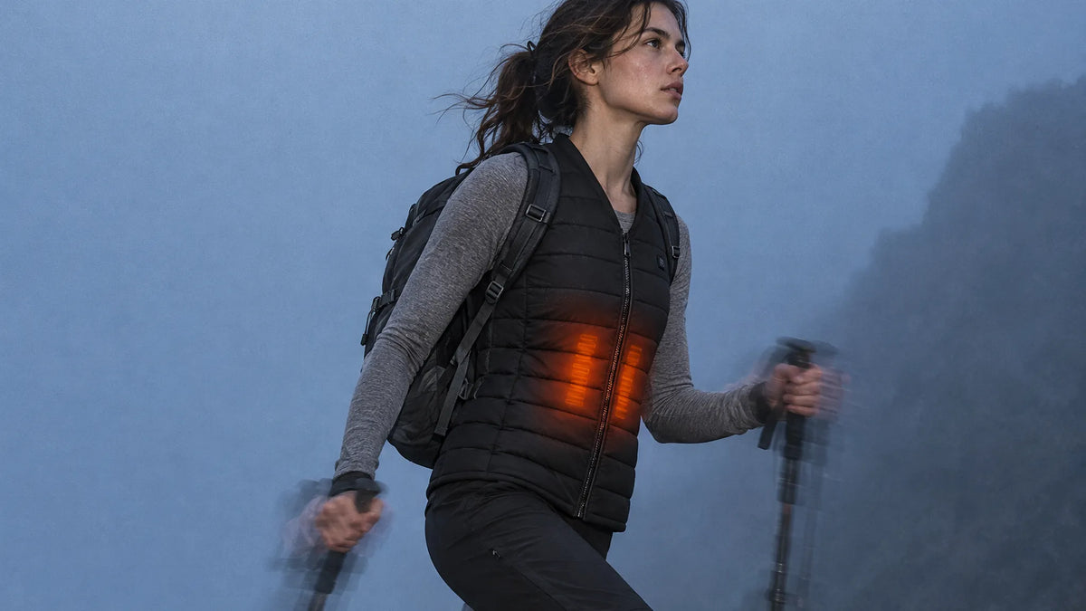 Woman climbing a foggy alpine ridge with trekking poles in a heated vest