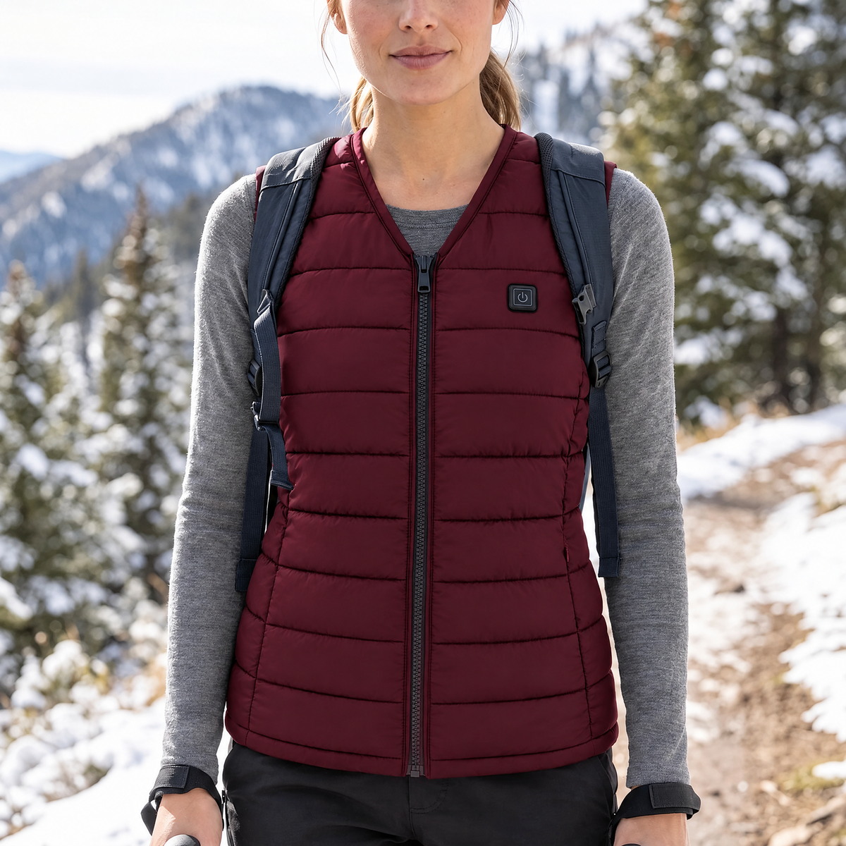 Hiker in the Ridgeline women's heated vest in maroon, on a snowy mountain trail
