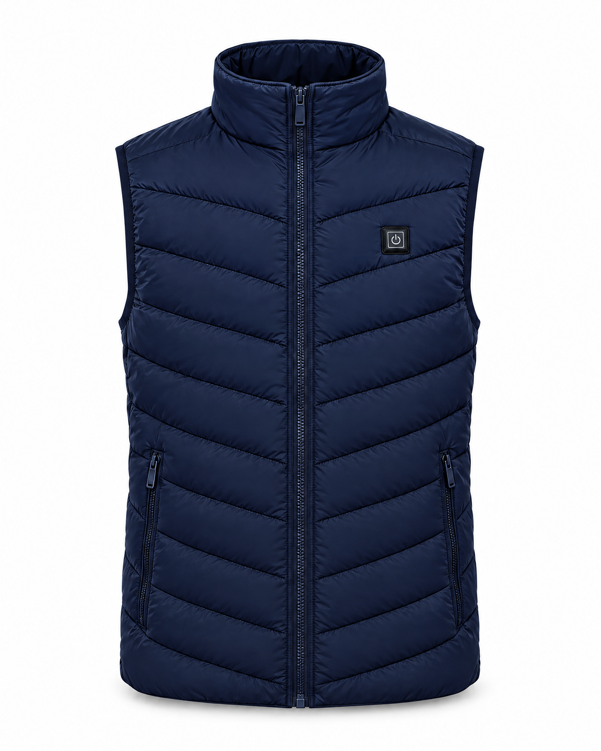 Treeline men's heated vest in navy, front view on white