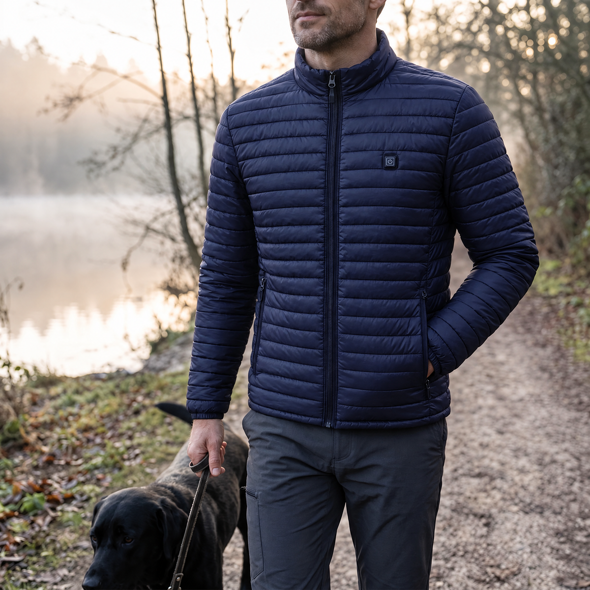 Man walking a black labrador by a misty lake in the Basecamp men's heated jacket in navy, with heated pockets