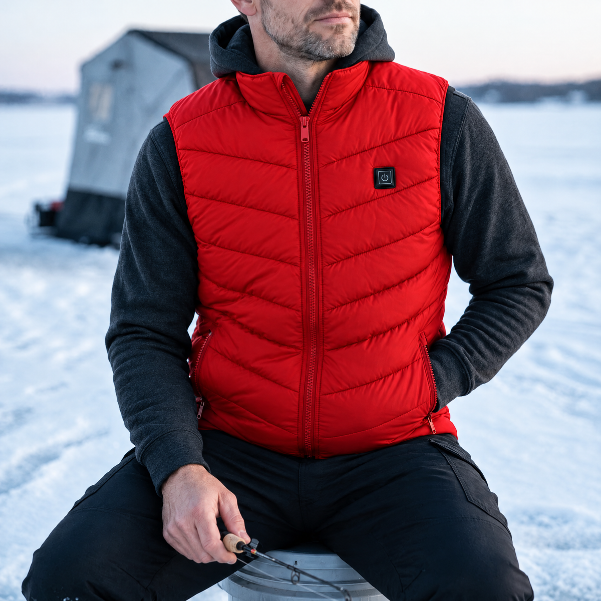 Ice angler on a frozen lake wearing the Treeline men's heated vest in red, over a hoodie