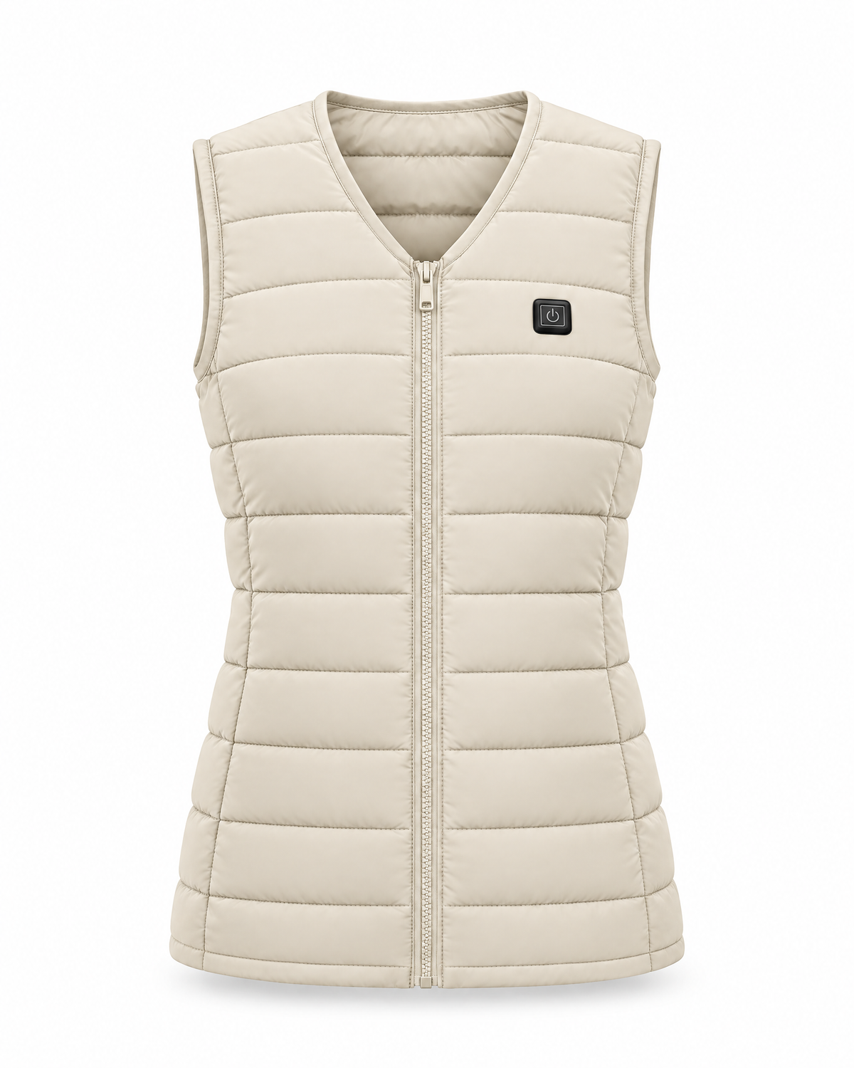 Ridgeline women's heated vest in off-white, front view on white