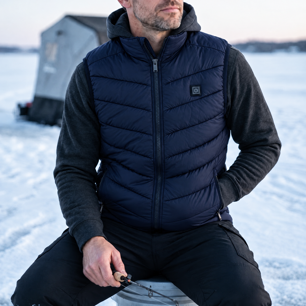 Ice angler on a frozen lake wearing the Treeline men's heated vest in navy, over a hoodie