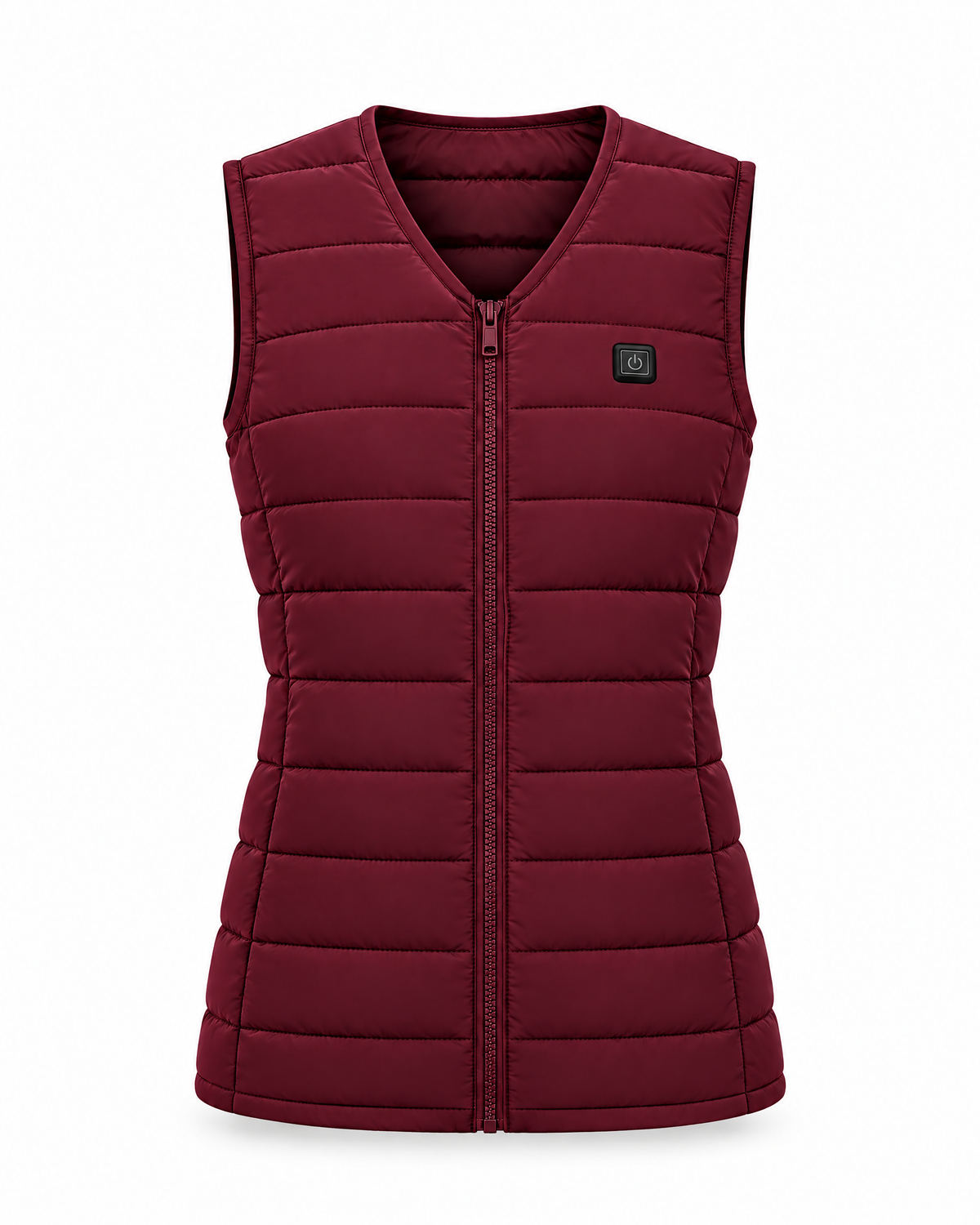 Ridgeline women's heated vest in maroon, front view on white
