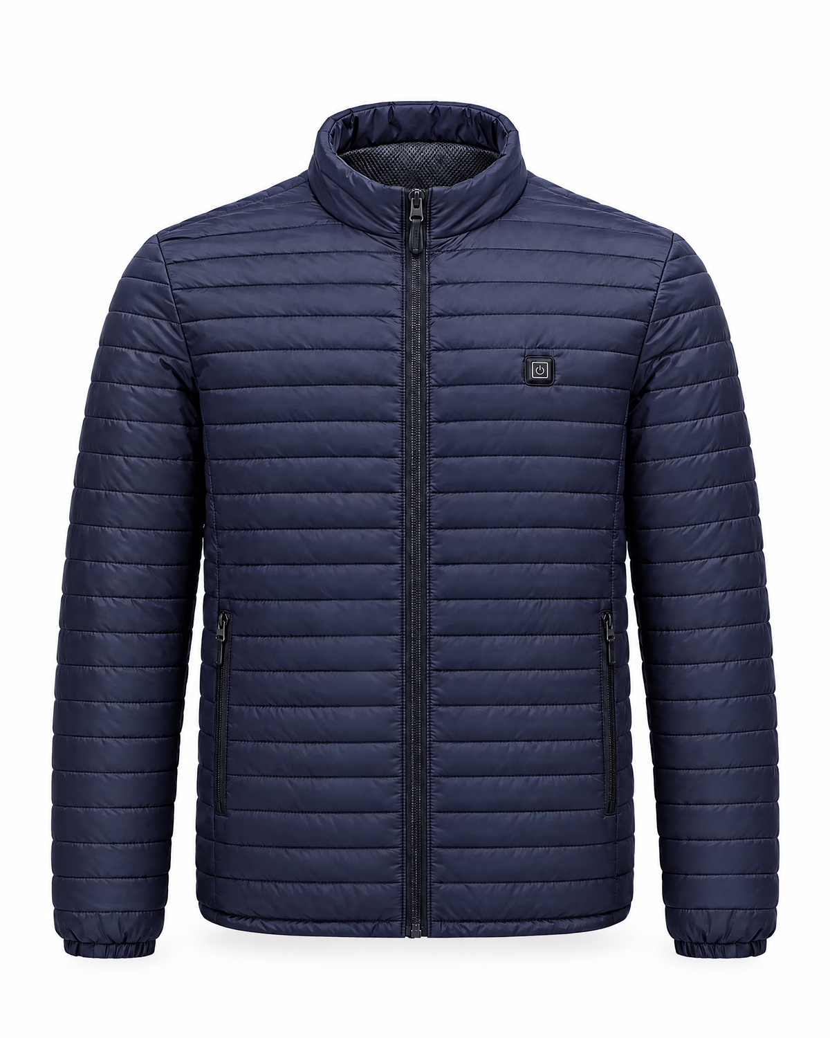 Basecamp heated jacket in navy, front view on white