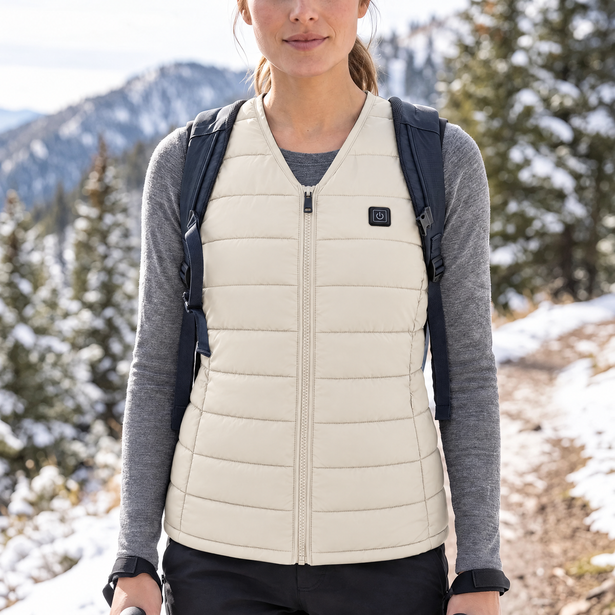 Hiker in the Ridgeline women's heated vest in off-white, on a snowy mountain trail