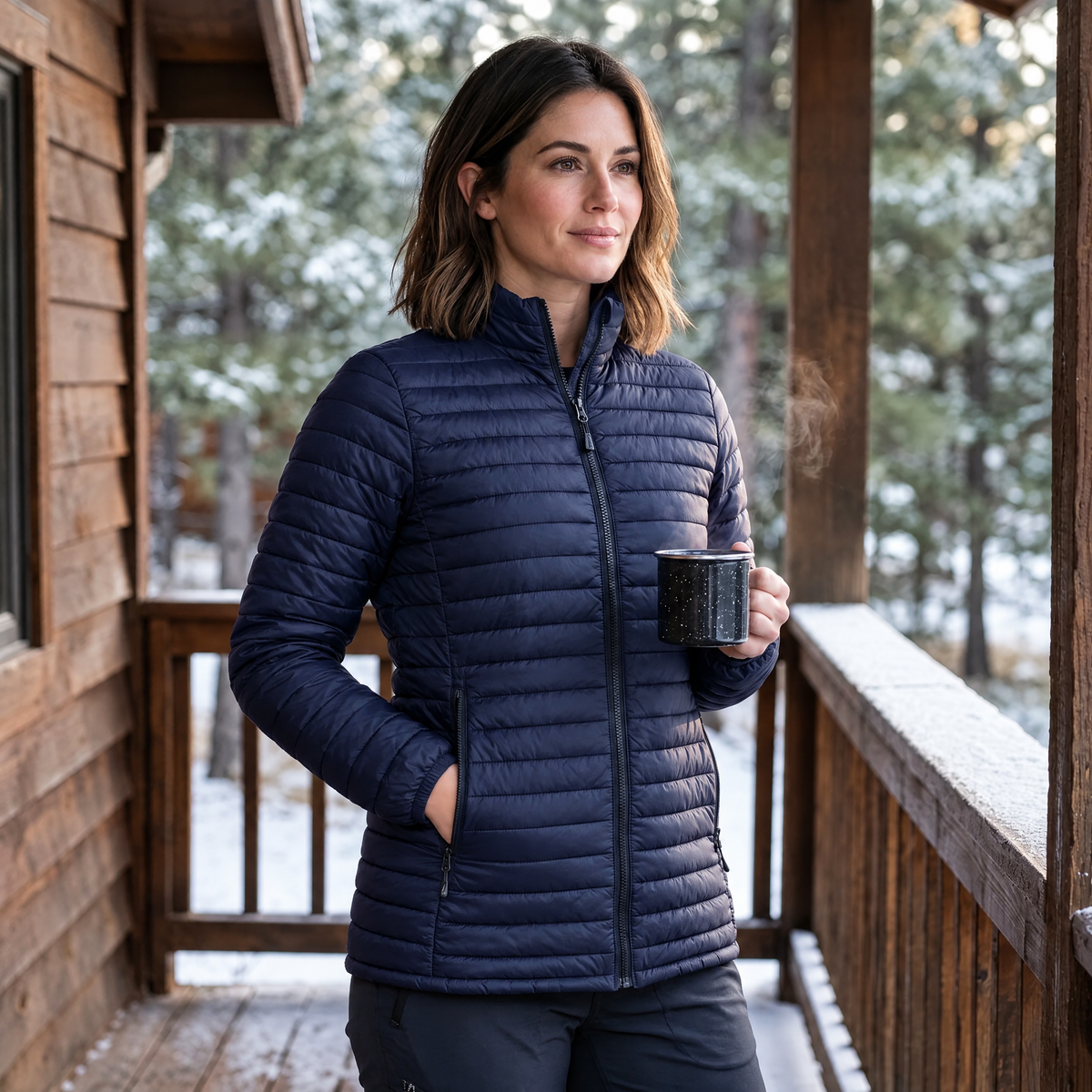 Woman on a snowy cabin porch with coffee, wearing the Basecamp women's heated jacket in navy, with heated pockets