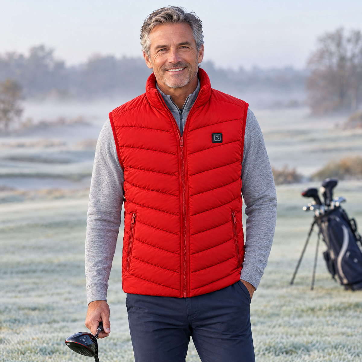 Golfer on a frosty fairway wearing the Treeline men's heated vest in red, over a grey quarter-zip