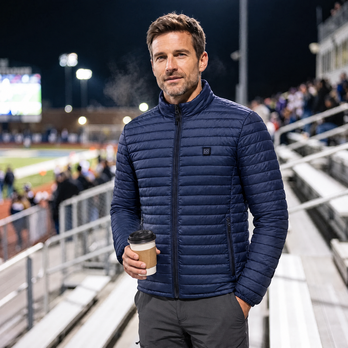 Fan at a cold night game wearing the Basecamp men's heated jacket in navy, with a coffee