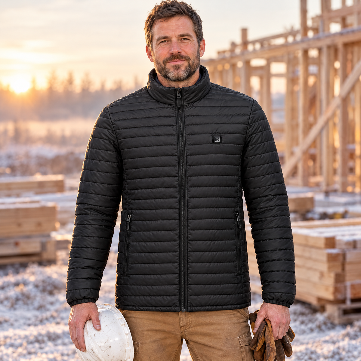 Construction worker at a frosty job site at dawn wearing the Basecamp men's heated jacket in black, holding a hard hat