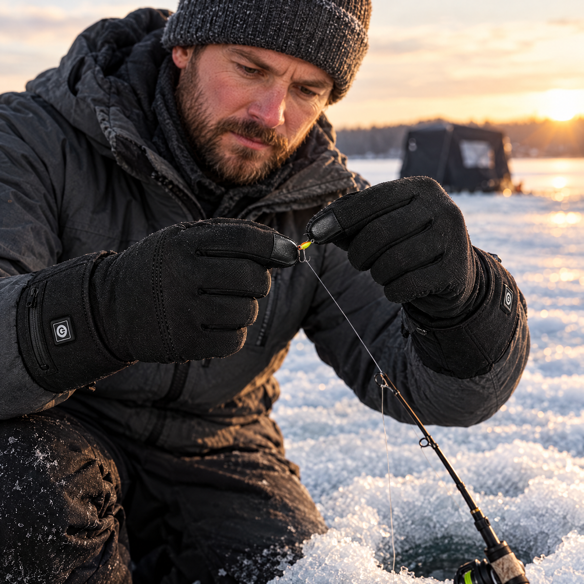 Ice angler tying a lure on a frozen lake wearing the Belay heated gloves in black, slim glove liners