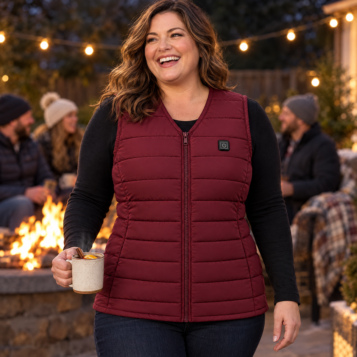Plus-size woman at a backyard fire pit wearing the Ridgeline women's heated vest in maroon, size 2XL