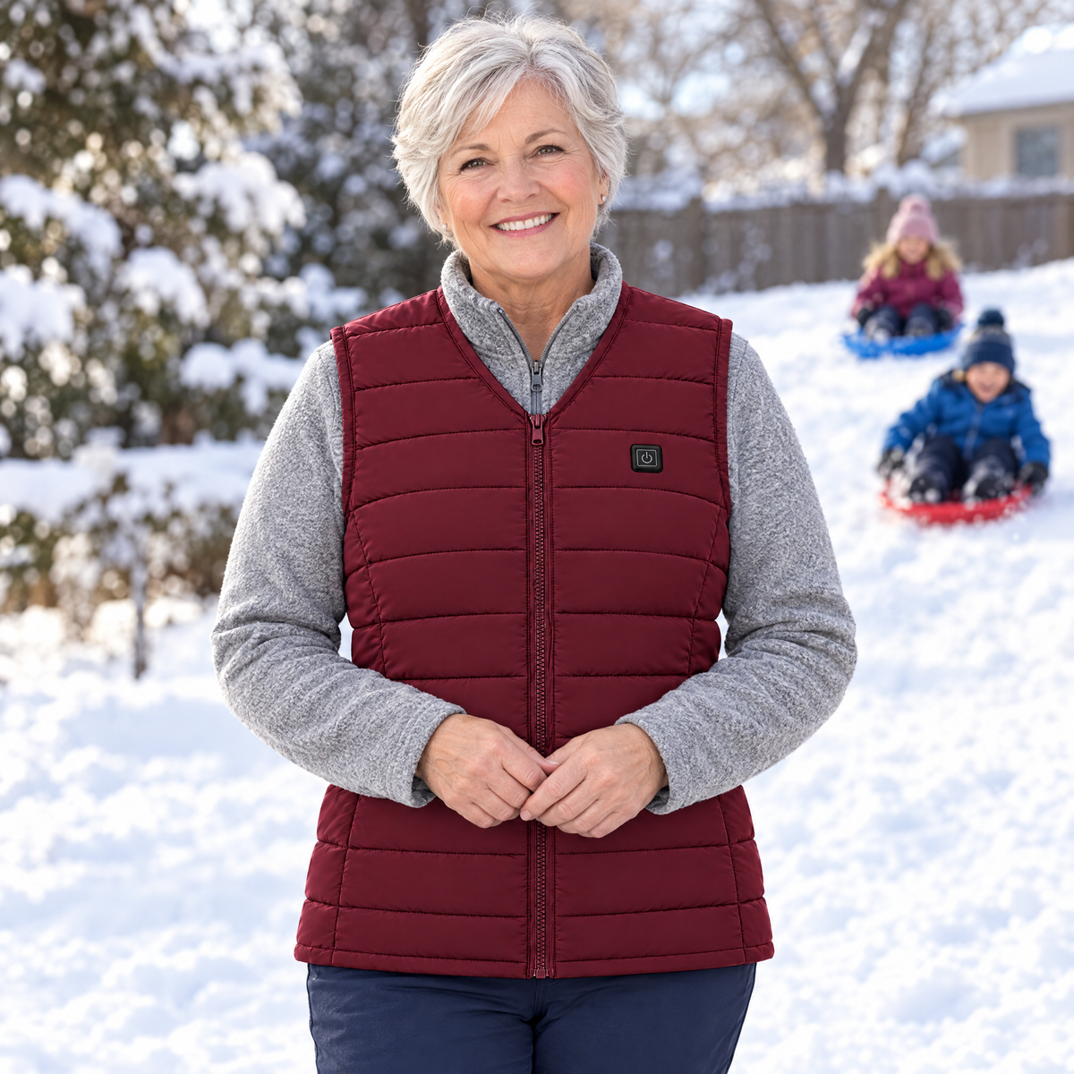 Grandmother watching her grandkids sled wearing the Ridgeline women's heated vest in maroon, over a fleece
