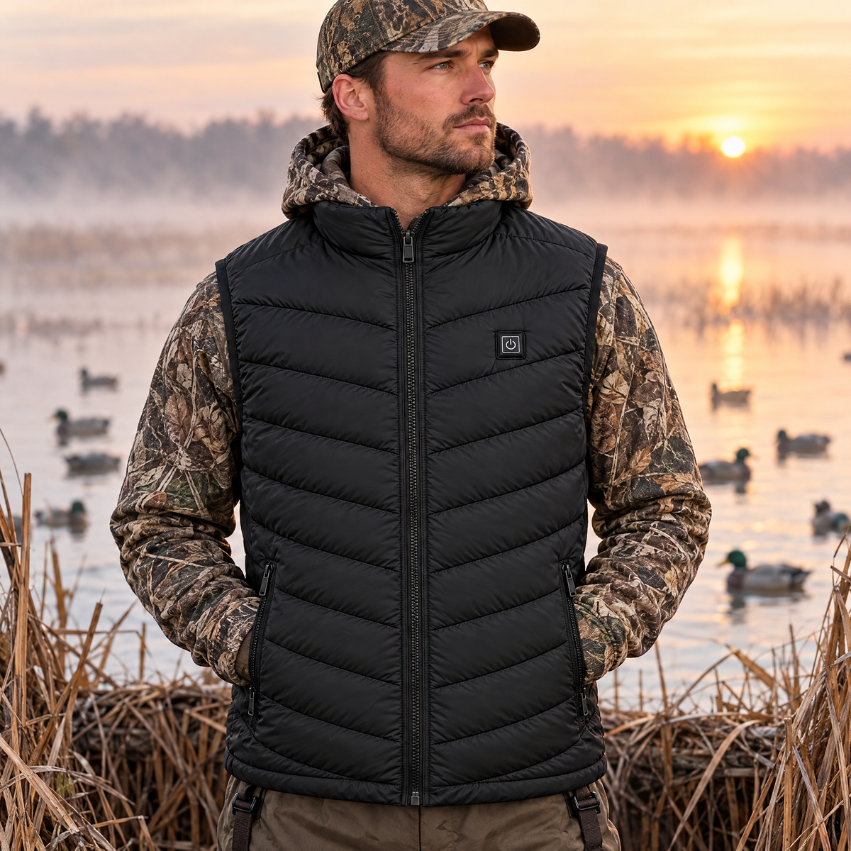 Duck hunter in a marsh blind at sunrise wearing the Treeline men's heated vest in black, over a camo hoodie