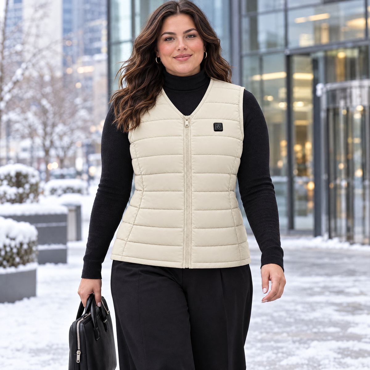 Plus-size woman leaving the office in the snow wearing the Ridgeline women's heated vest in off-white, size 2XL