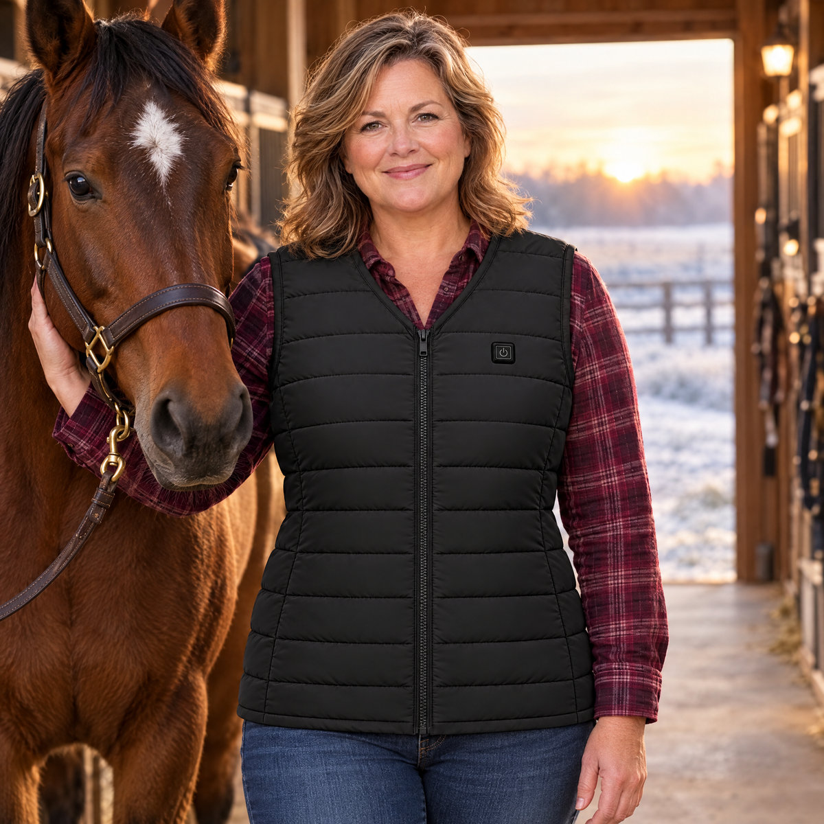 Woman in a horse barn at dawn wearing the Ridgeline women's heated vest in black, over a flannel shirt