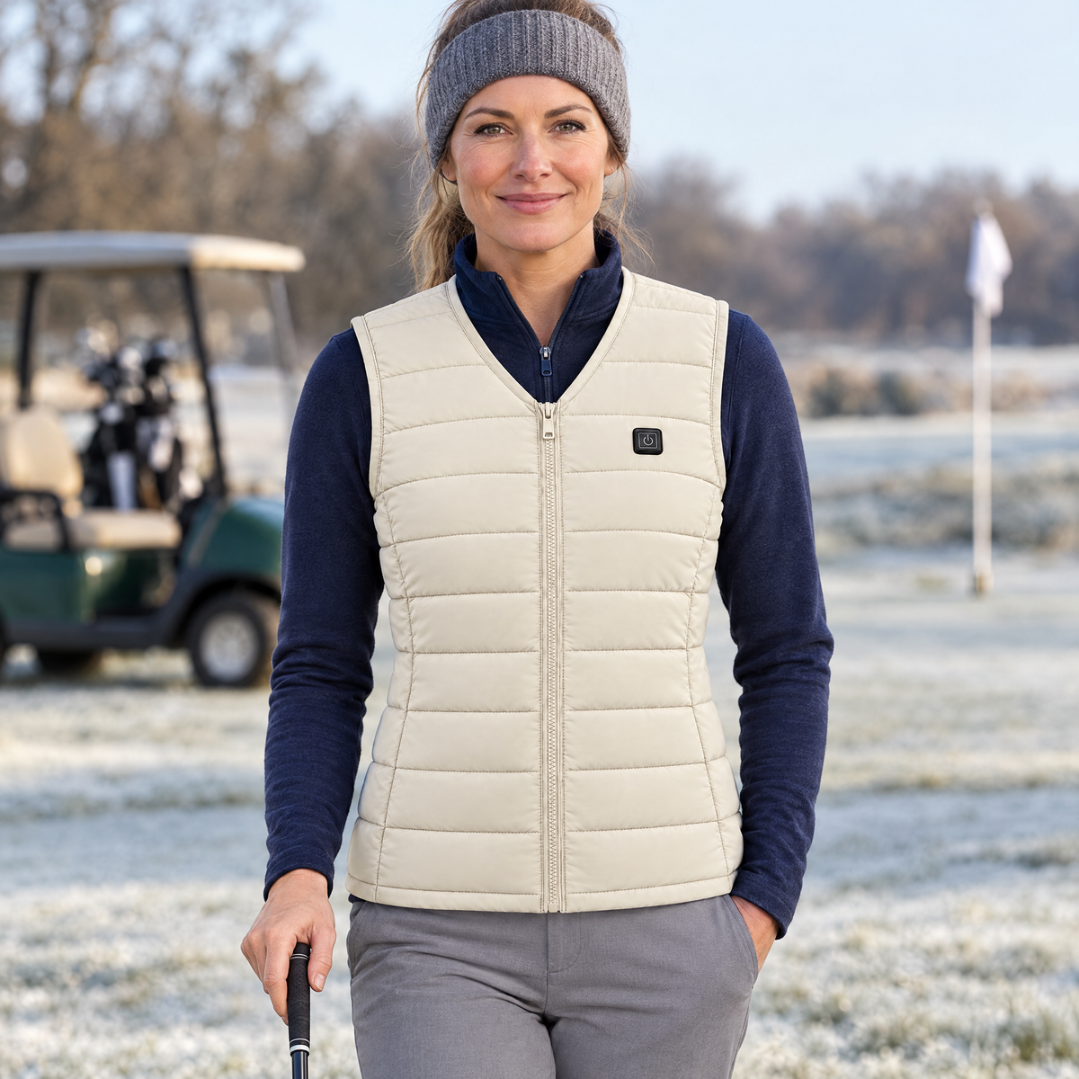 Woman golfer on a frosty course wearing the Ridgeline women's heated vest in off-white, over a navy quarter-zip