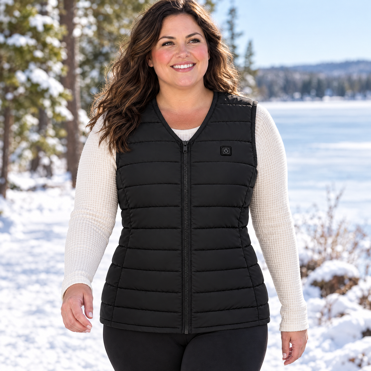 Plus-size woman on a snowy lakeside walk wearing the Ridgeline women's heated vest in black, size 2XL
