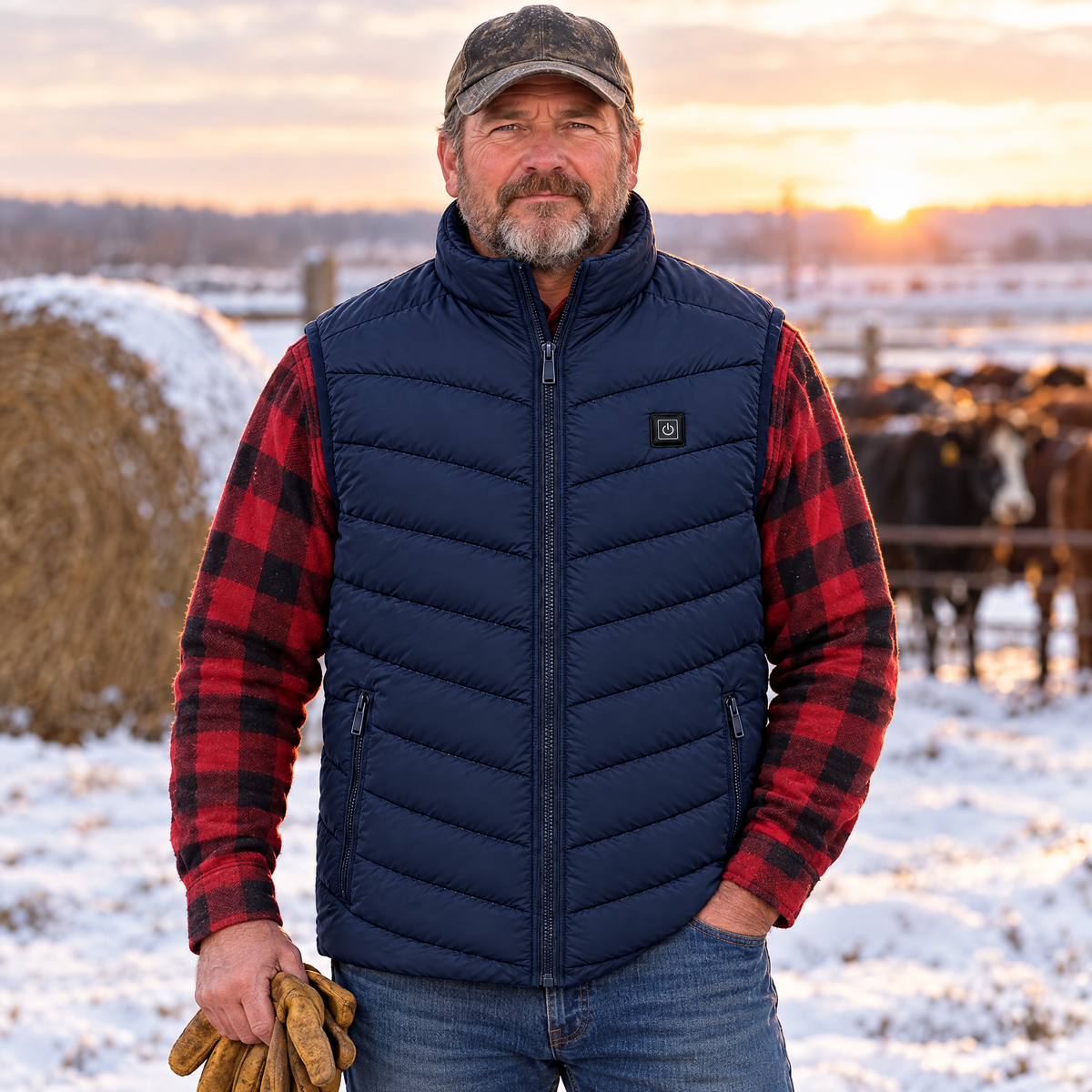 Rancher in a snowy farmyard at sunrise wearing the Treeline men's heated vest in navy, over a plaid flannel