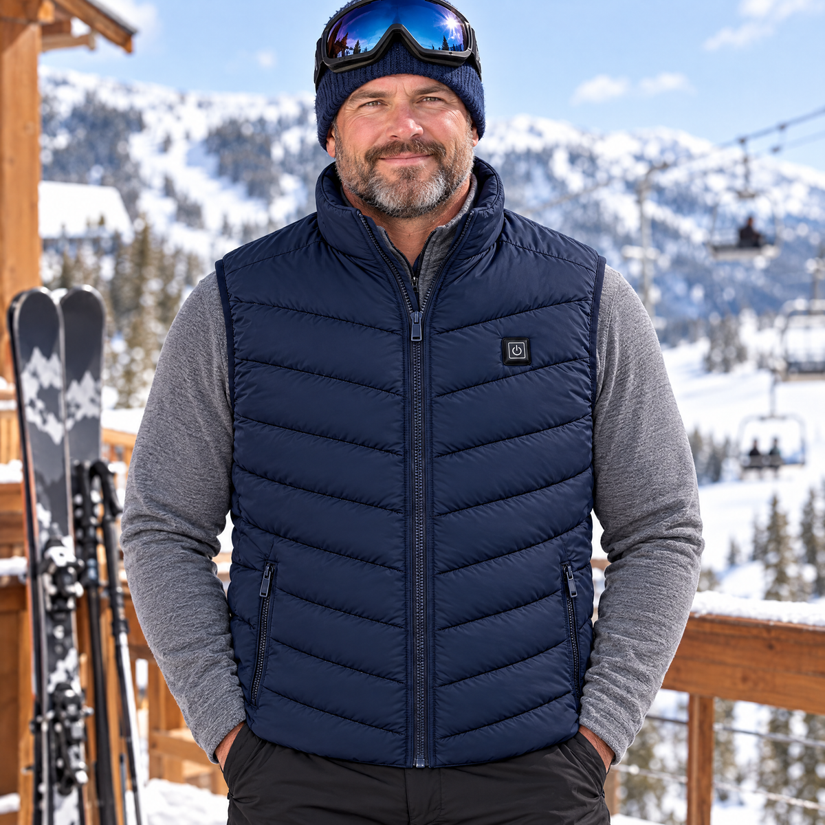 Skier on a ski lodge deck wearing the Treeline men's heated vest in navy, over a grey midlayer