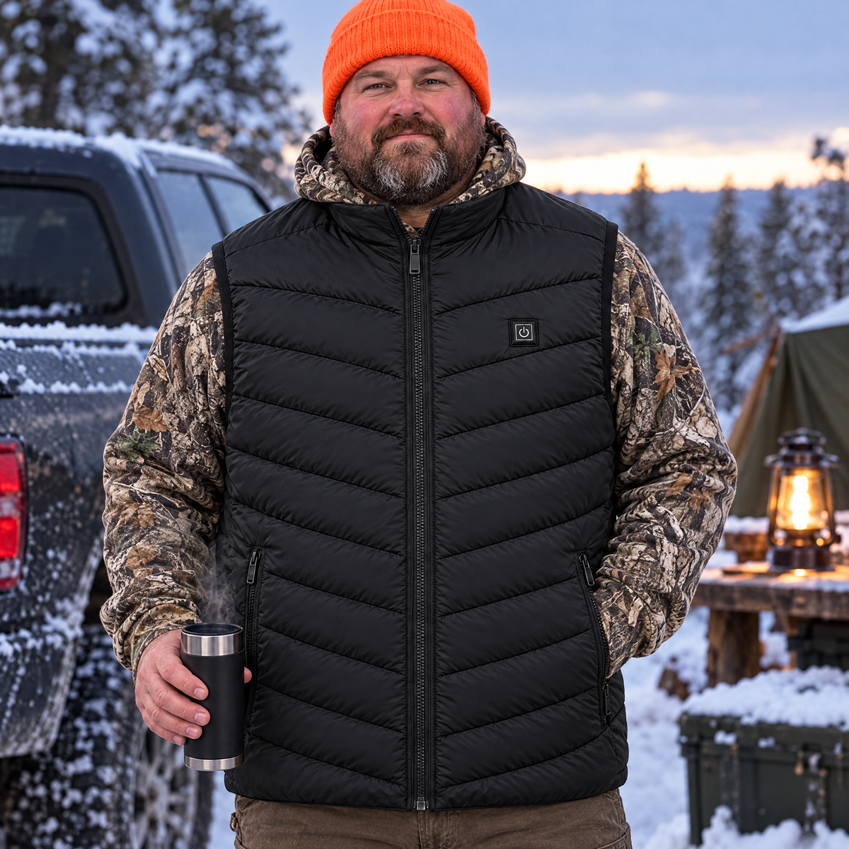 Big man at a snowy hunting camp wearing the Treeline men's heated vest in black, size 3XL