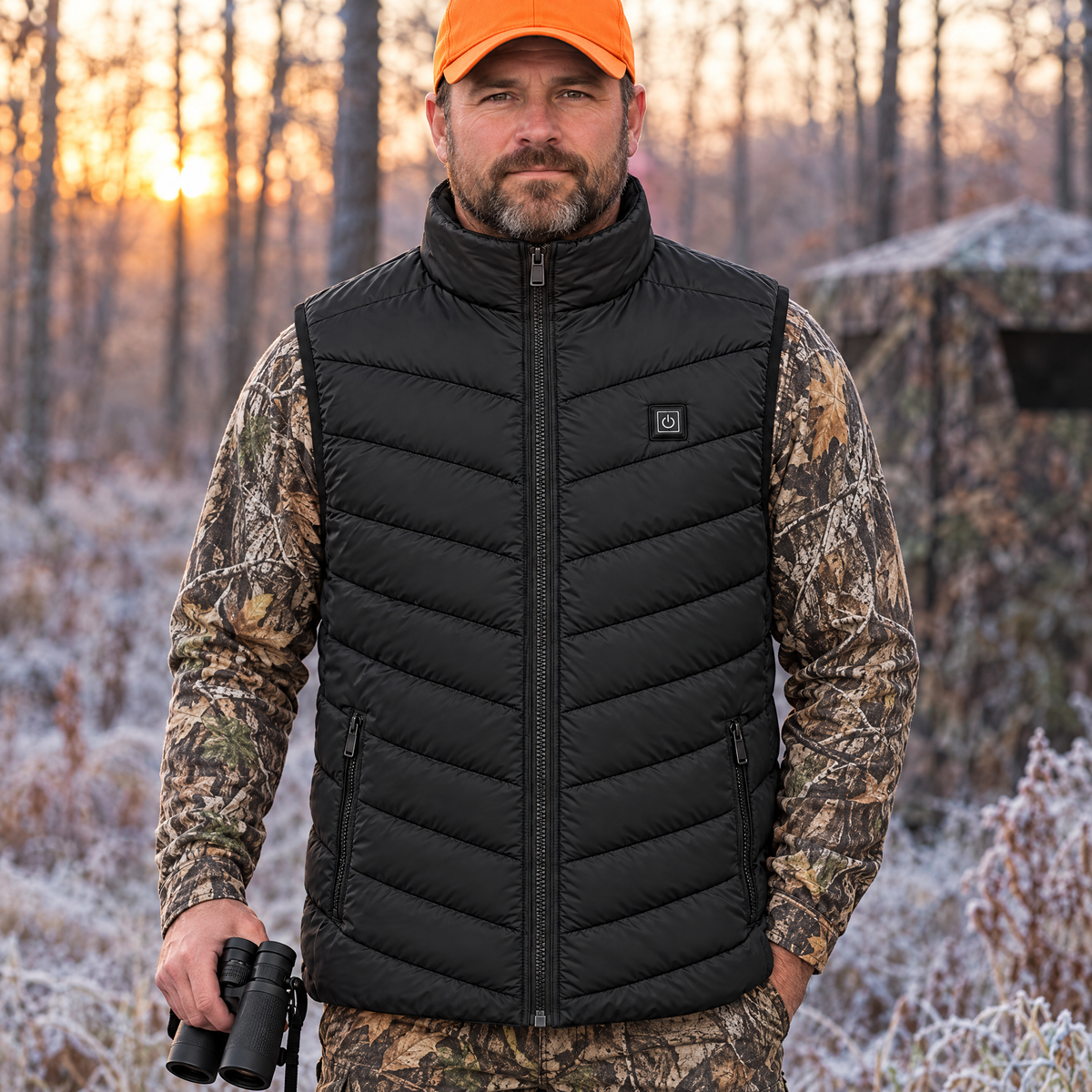 Deer hunter at the edge of a frosty forest wearing the Treeline men's heated vest in black, with binoculars
