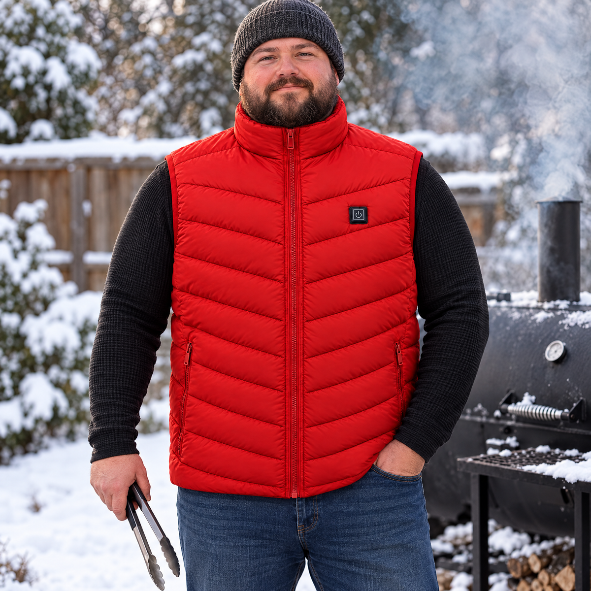 Big man at a backyard smoker in the snow wearing the Treeline men's heated vest in red, size 3XL