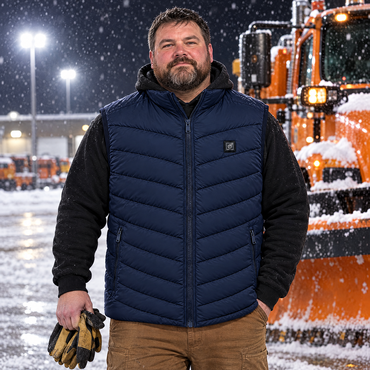 Big man beside a snowplow at night wearing the Treeline men's heated vest in navy, size 3XL