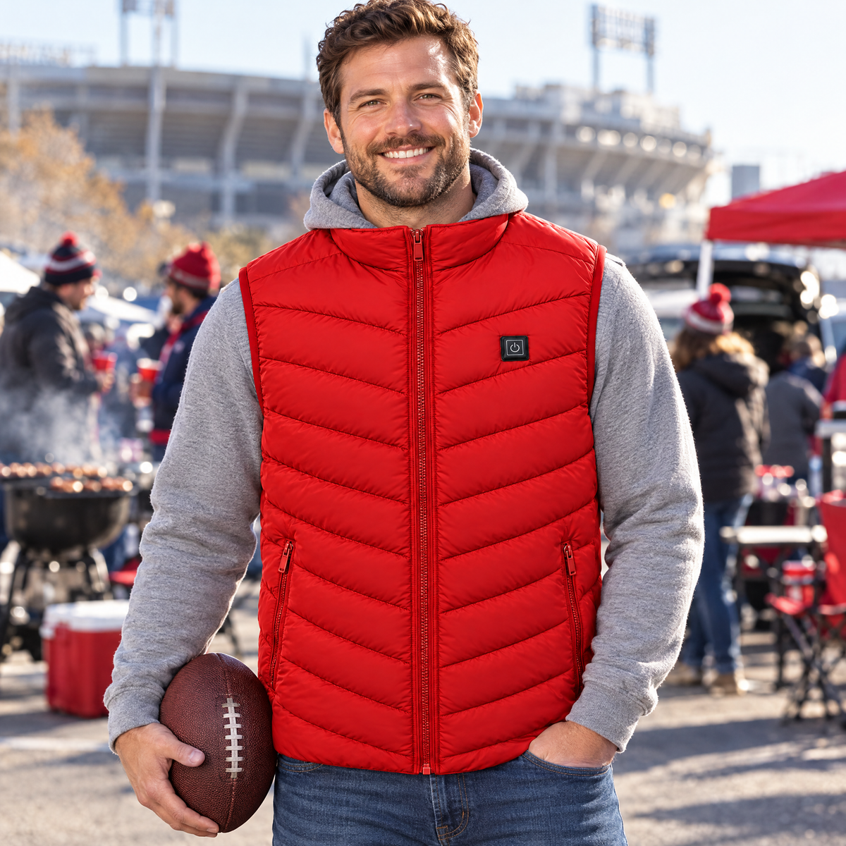 Fan at a football tailgate wearing the Treeline men's heated vest in red, over a grey hoodie