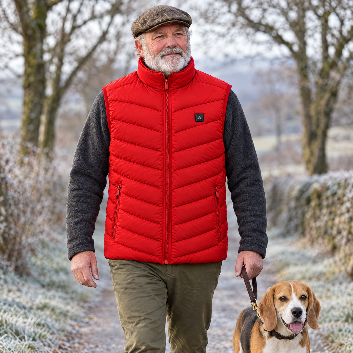 Older man walking a beagle on a frosty lane wearing the Treeline men's heated vest in red, over a charcoal fleece