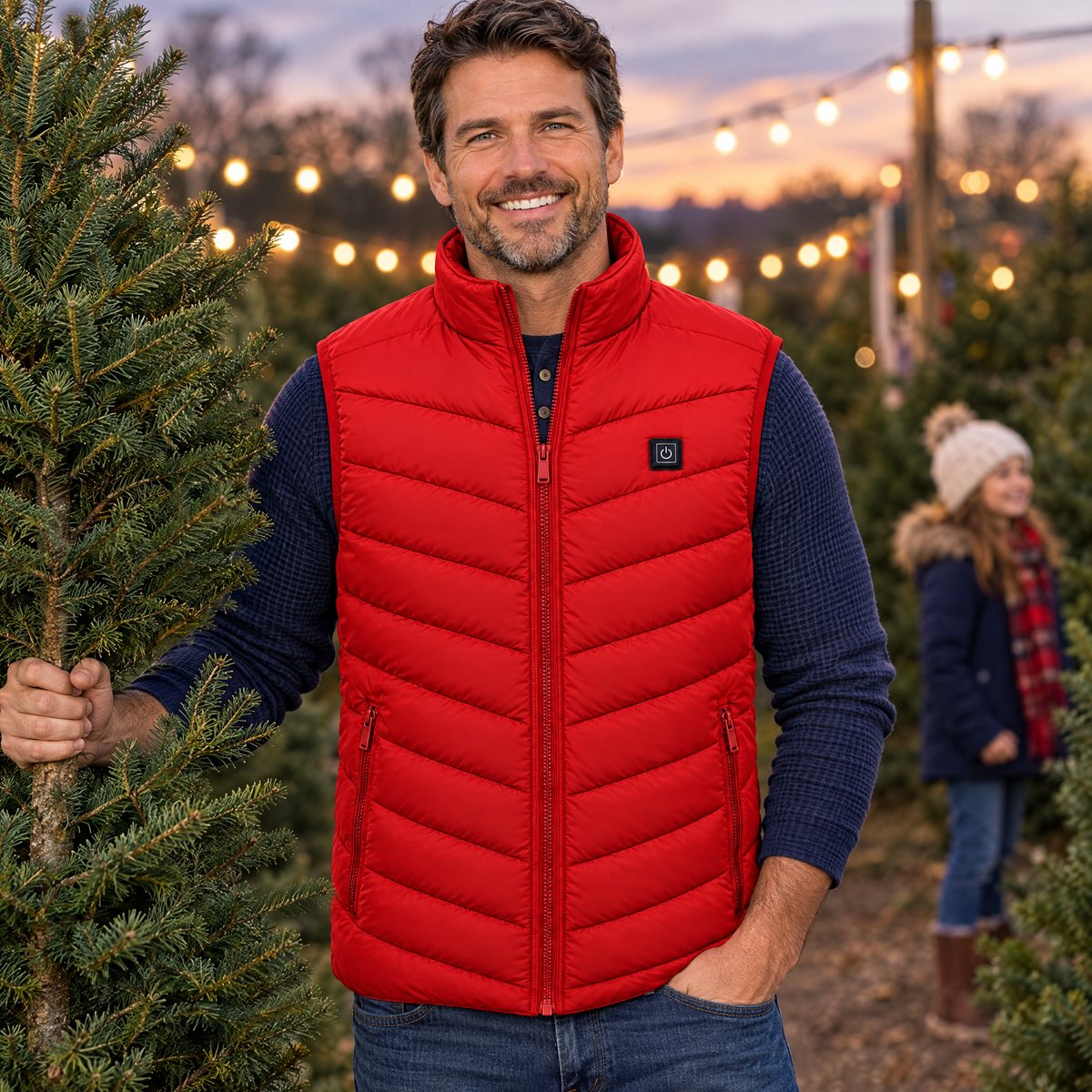 Dad at a Christmas tree lot wearing the Treeline men's heated vest in red, a gift for dad