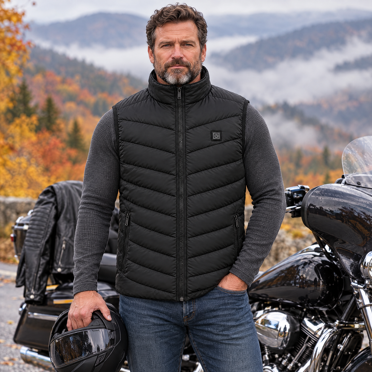Motorcycle rider beside his bike on a mountain road wearing the Treeline men's heated vest in black, holding a helmet