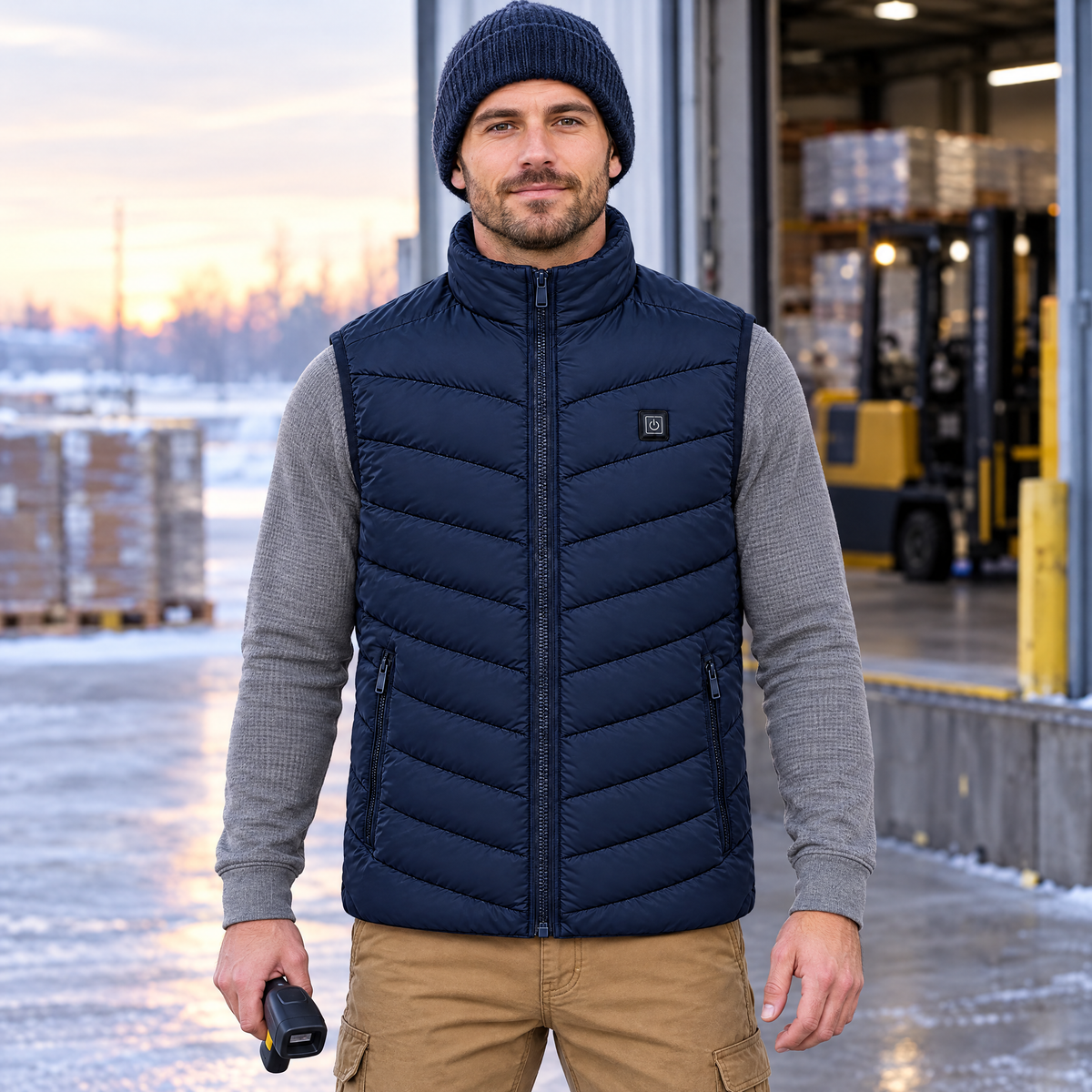 Warehouse worker on a cold loading dock wearing the Treeline men's heated vest in navy, over a thermal shirt