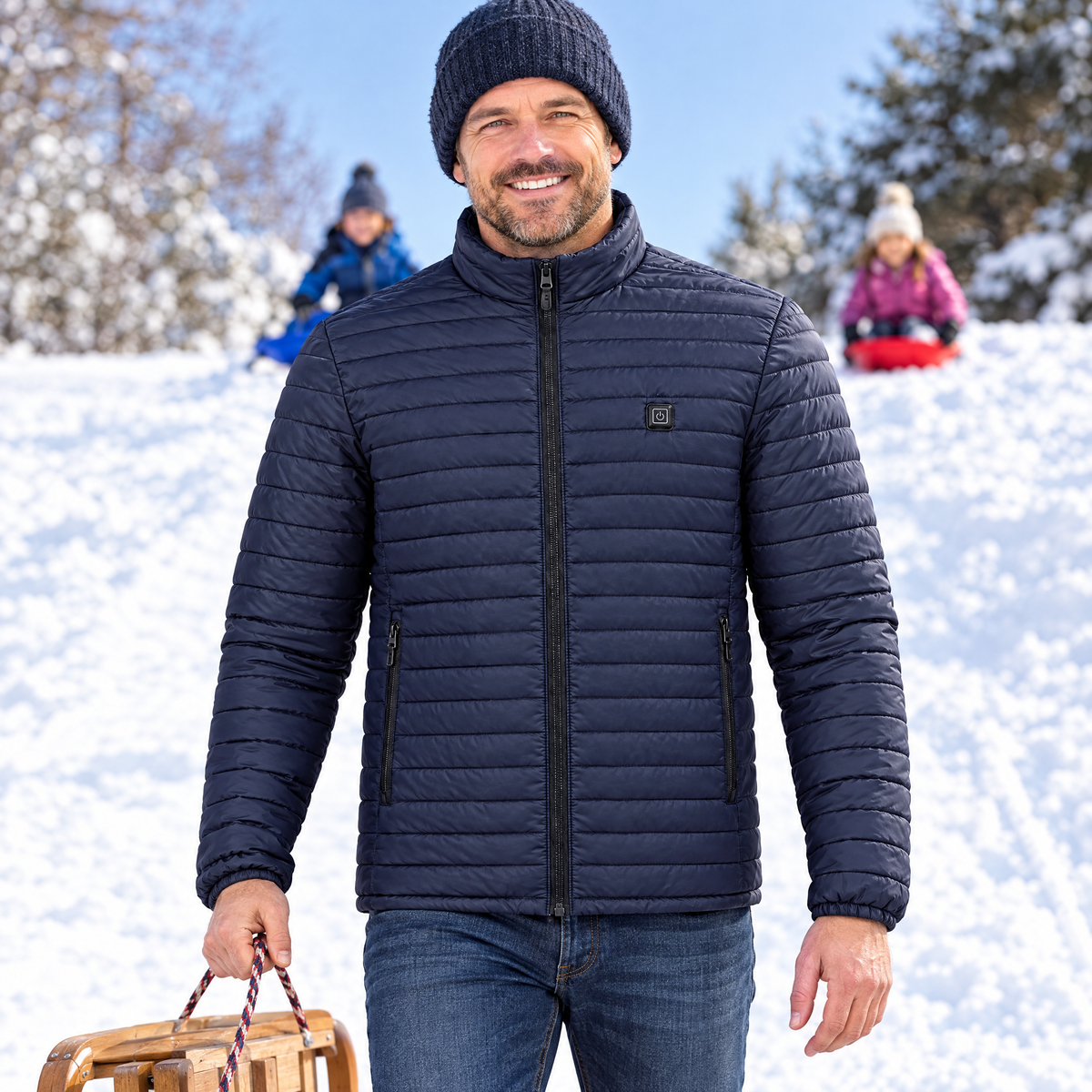 Dad at the top of a sledding hill wearing the Basecamp men's heated jacket in navy, with a wooden sled