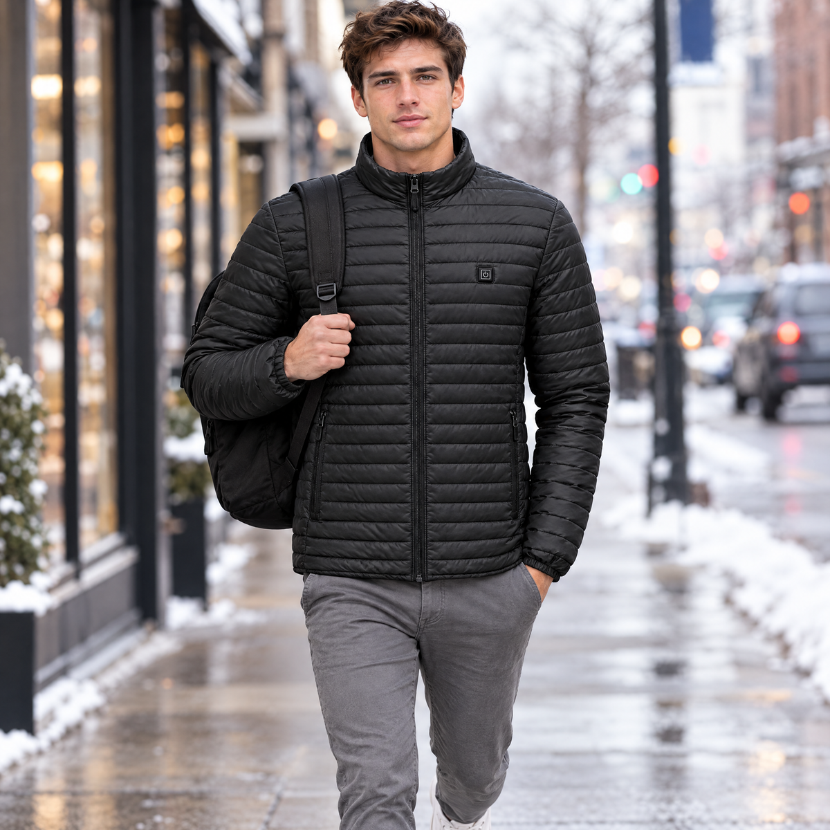 Young man on a city commute wearing the Basecamp men's heated jacket in black, with a backpack