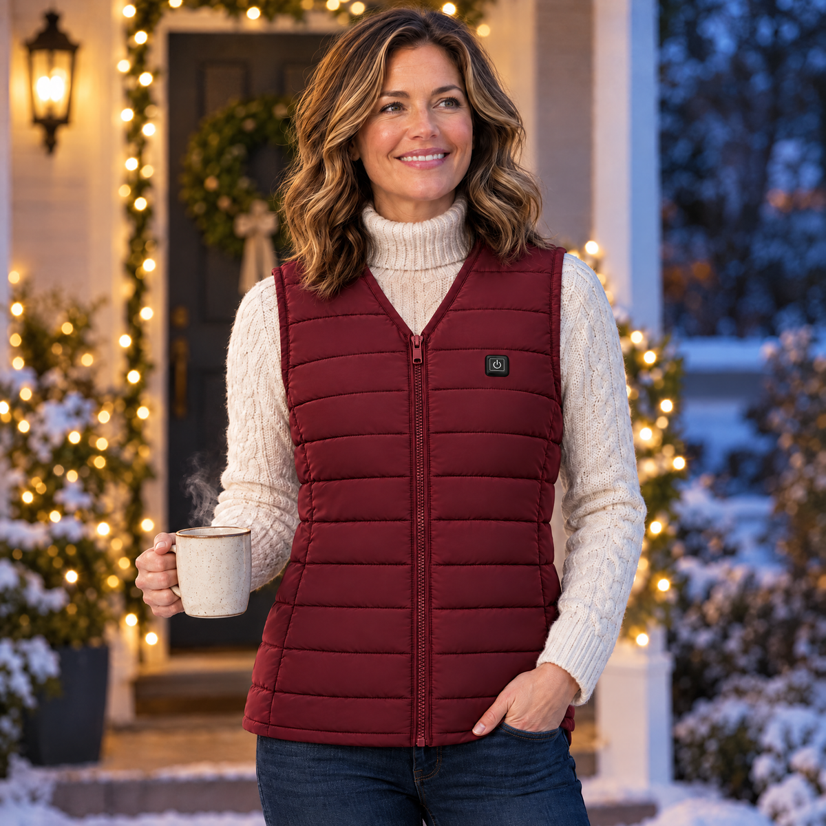 Woman on a holiday-lit porch with a hot drink wearing the Ridgeline women's heated vest in maroon, a gift for women who are always cold