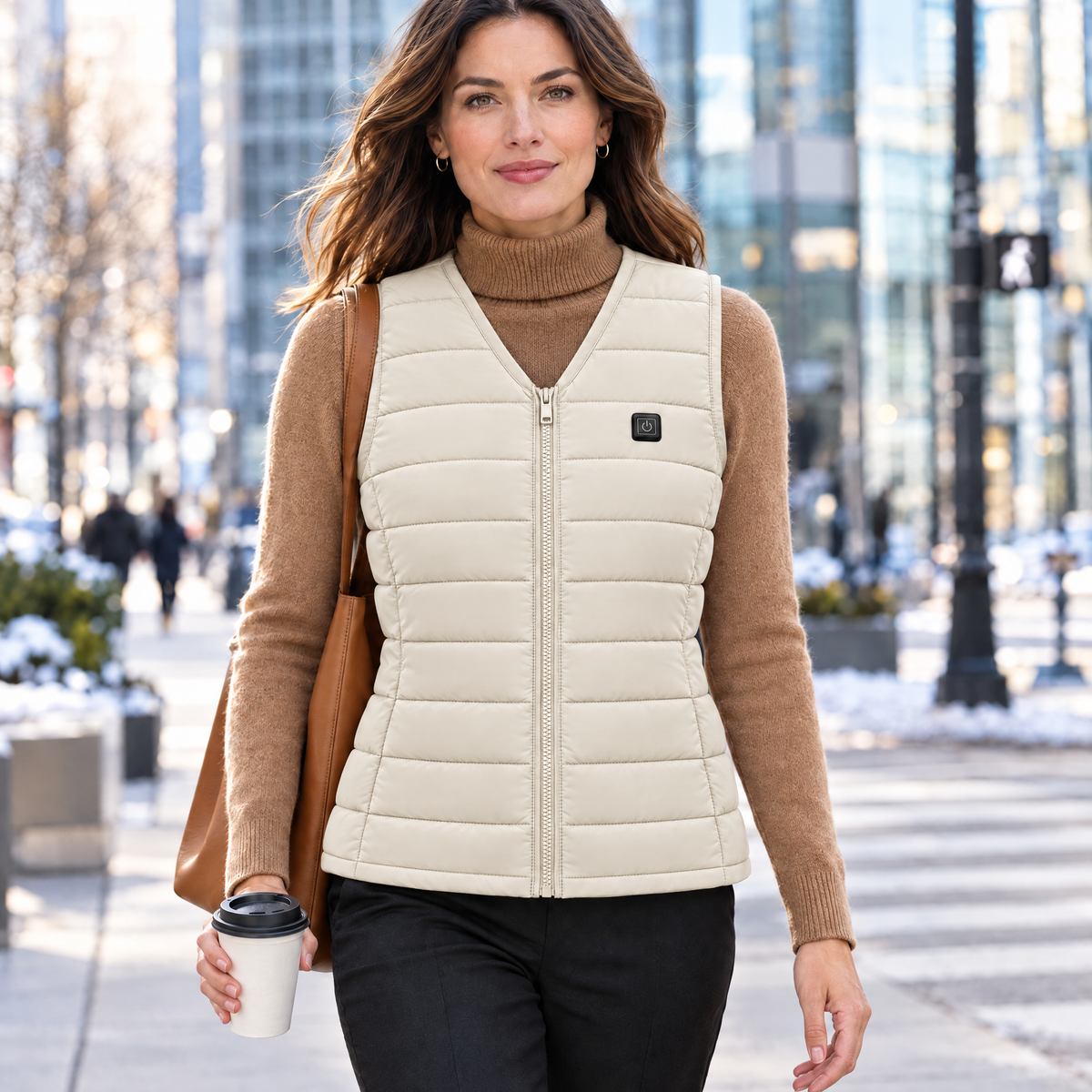 Woman on her morning city commute wearing the Ridgeline women's heated vest in off-white, over a camel sweater