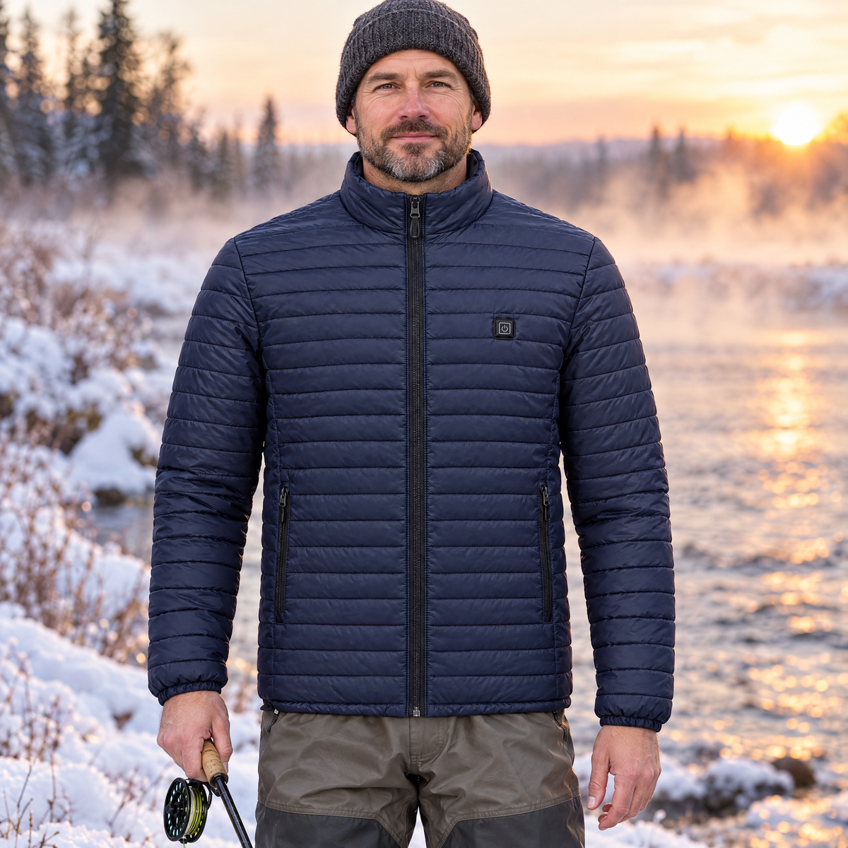 Angler on a snowy riverbank at sunrise wearing the Basecamp men's heated jacket in navy, holding a fishing rod