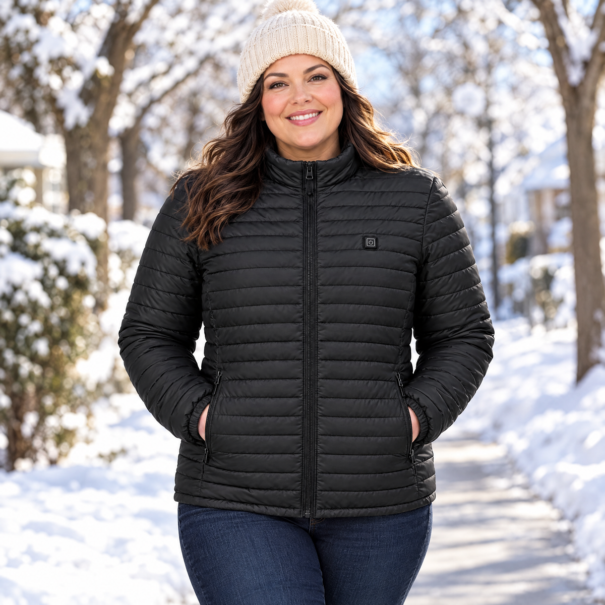 Curvy woman on a snowy street wearing the Basecamp women's heated jacket in black, hands in the heated pockets