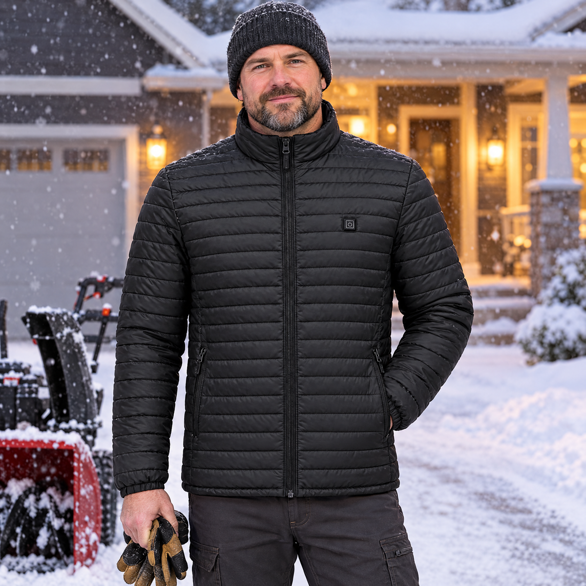 Man clearing snow from his driveway at dawn wearing the Basecamp men's heated jacket in black, beside a snow blower