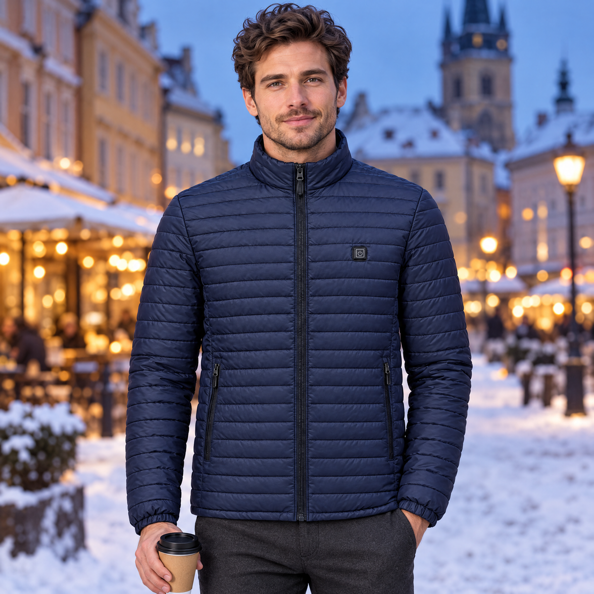 Man on a winter city break in a snowy square wearing the Basecamp men's heated jacket in navy, with a coffee