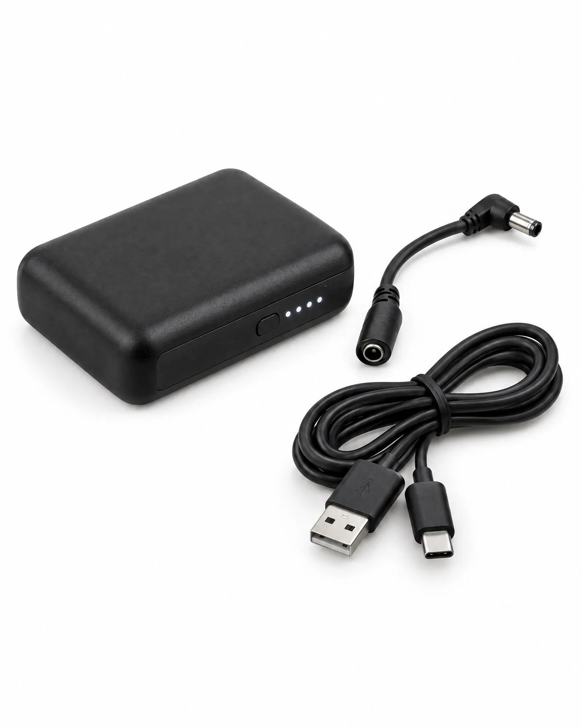 Spare 5V power bank with charging cable, on white