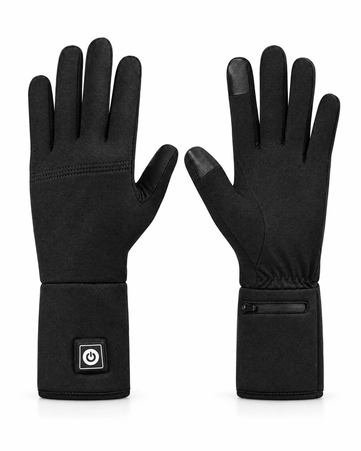 Belay heated gloves in black with touchscreen fingertips, on white