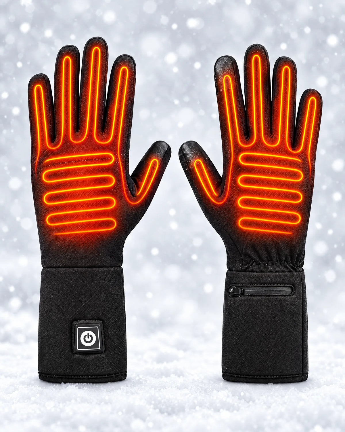 Belay heated gloves with the heating lines across the hand and fingers lit