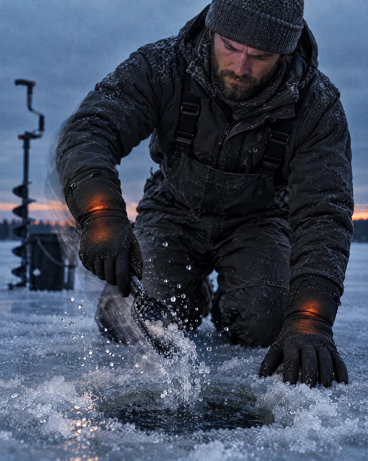 Ice angler clearing a hole wearing the Belay heated gloves